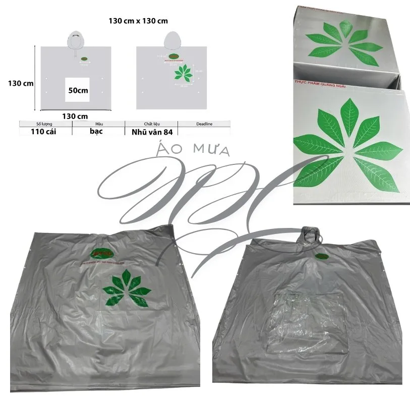 Áo mưa Rạng Đông nguyên khổ màu xám in logo lá xanh, chất liệu dày, dùng cho công nhân và doanh nghiệp.